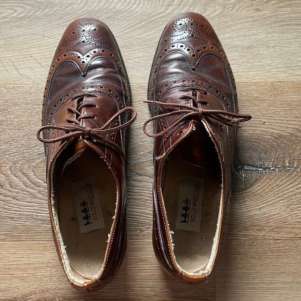 Genuine Leather Wingtip Oxford Men’s Shoes, Brown Lace Up Dress Shoes, Size 9.5M